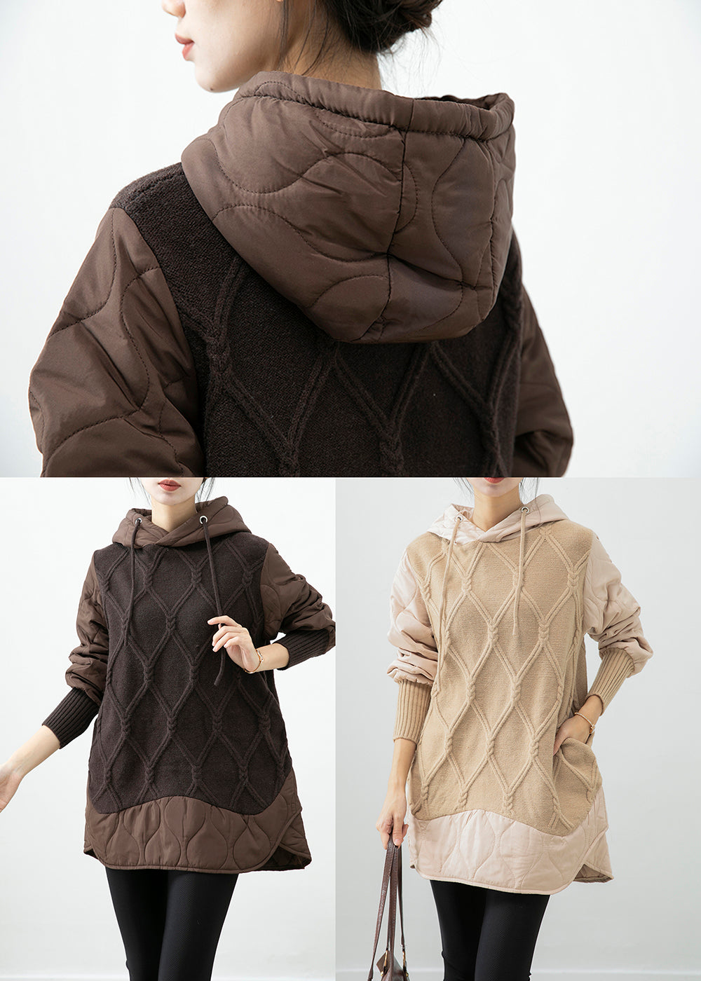 Chocolate Patchwork Knit Fine Cotton Filled Pullover Streetwear Dress Hooded Winter