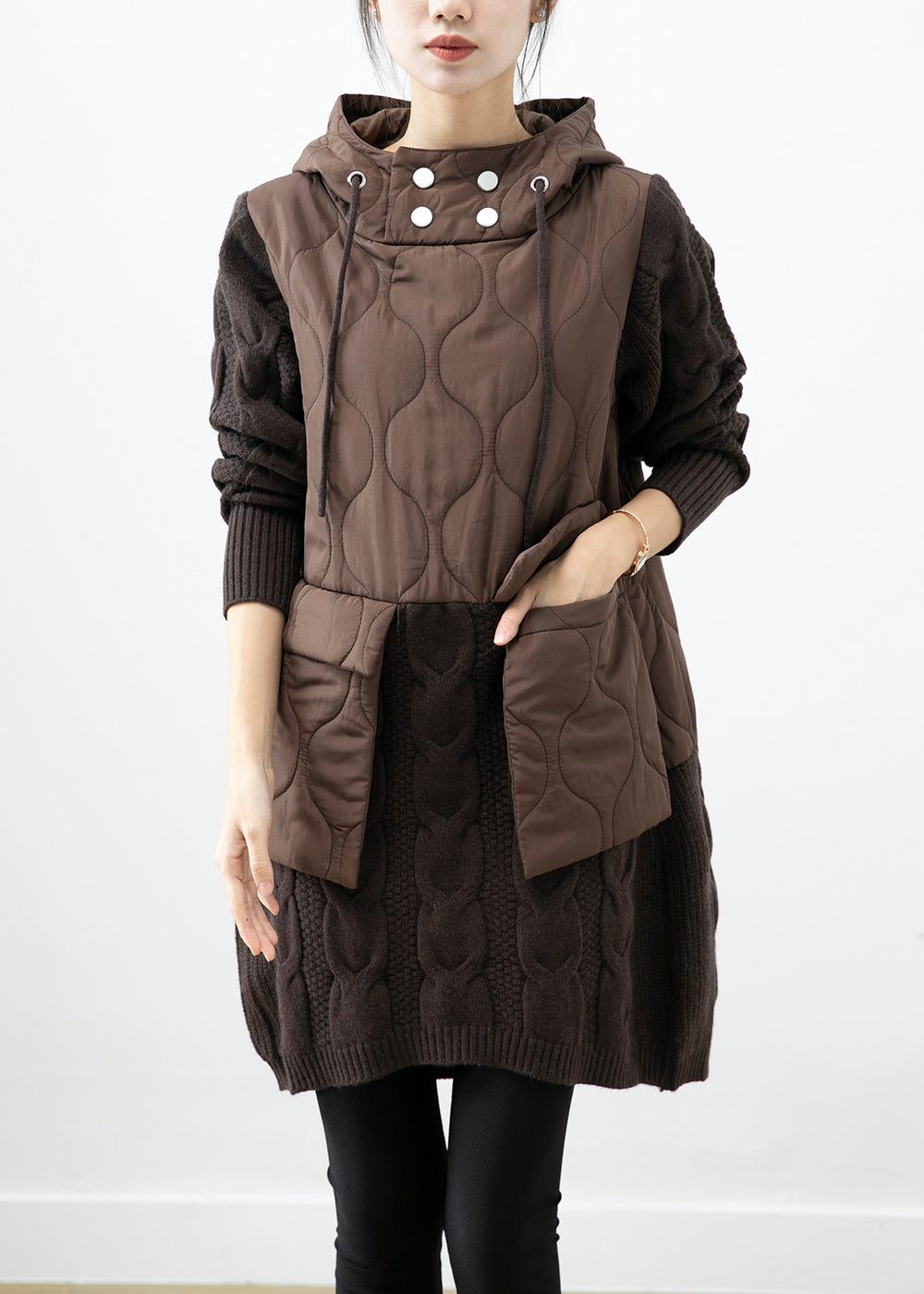 Chocolate Patchwork Knit Warm Fleece Pullover Sweatshirt Dress Hooded Pockets Winter