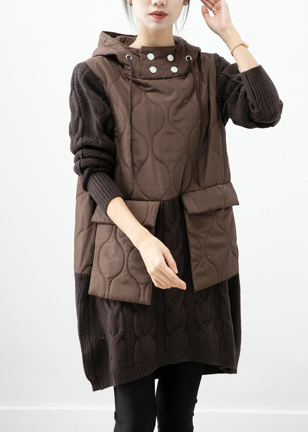 Chocolate Patchwork Knit Warm Fleece Pullover Sweatshirt Dress Hooded Pockets Winter