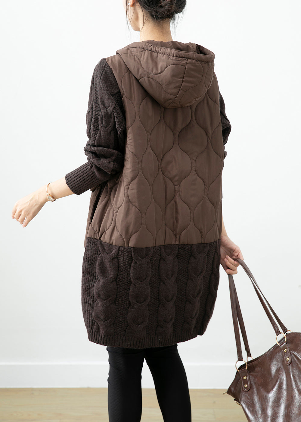 Chocolate Patchwork Knit Warm Fleece Pullover Sweatshirt Dress Hooded Pockets Winter