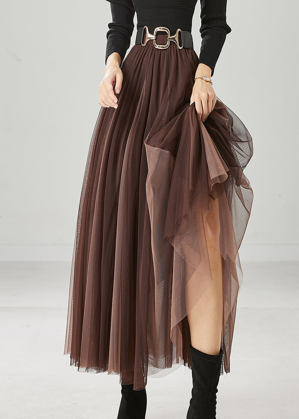 Chocolate Patchwork Tulle Skirts Wrinkled Spring
