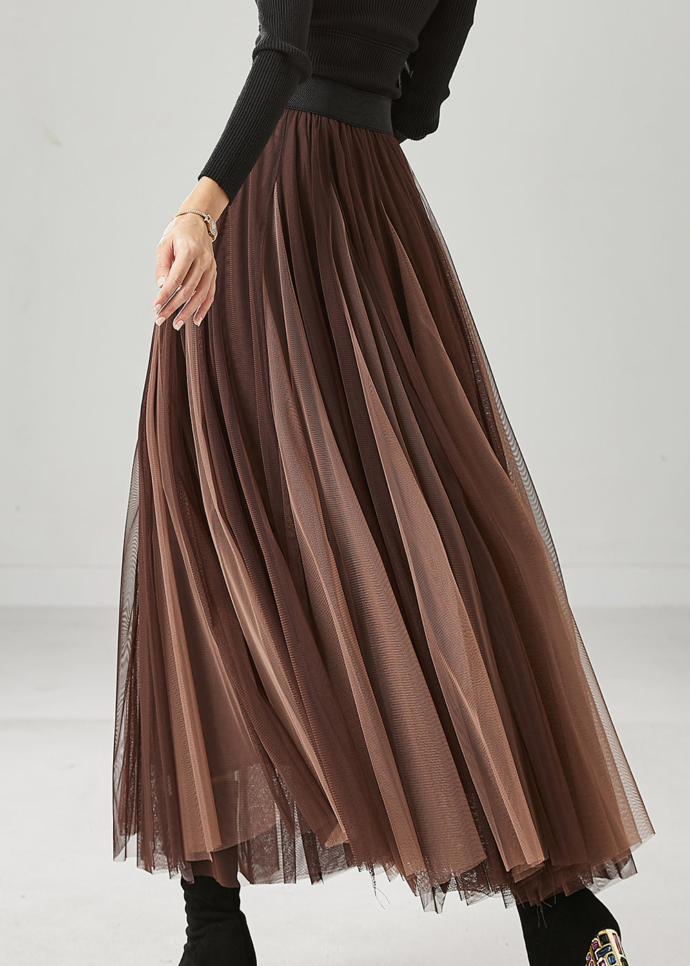 Chocolate Patchwork Tulle Skirts Wrinkled Spring