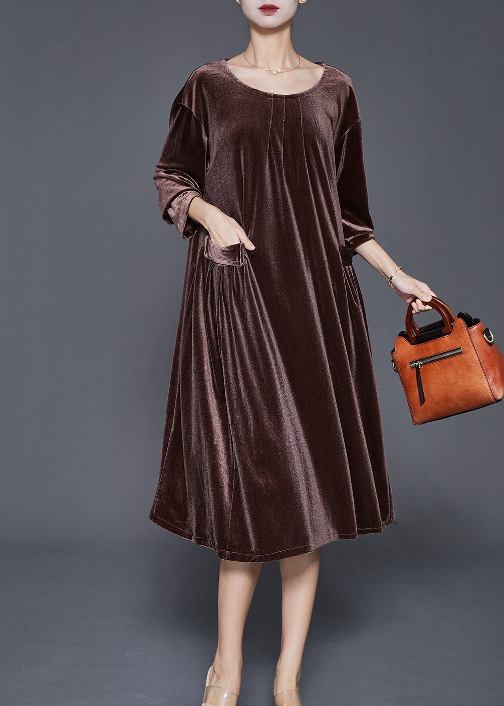 Chocolate Silk Velour Mid Dresses Oversized Pockets Fall