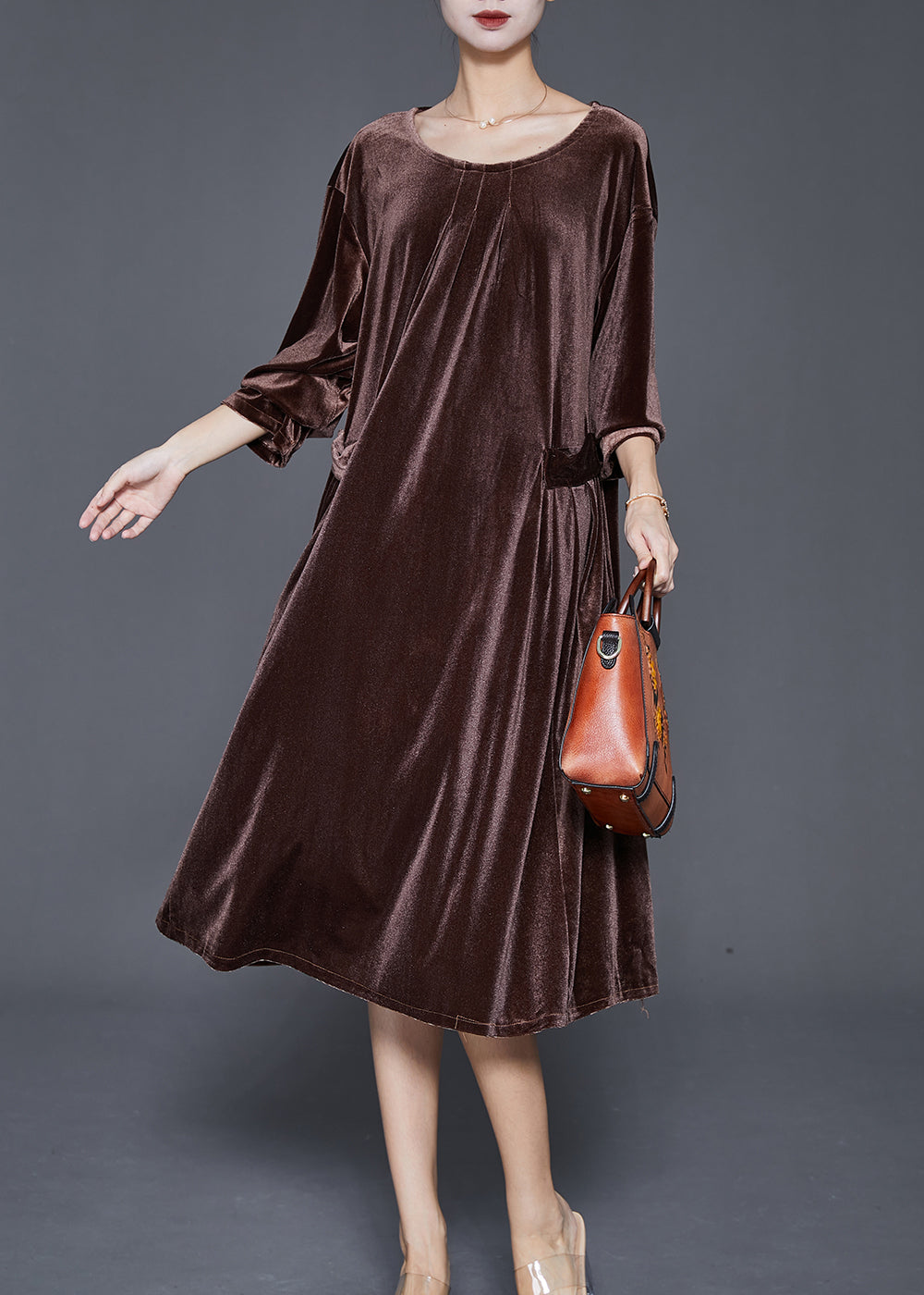 Chocolate Silk Velour Mid Dresses Oversized Pockets Fall