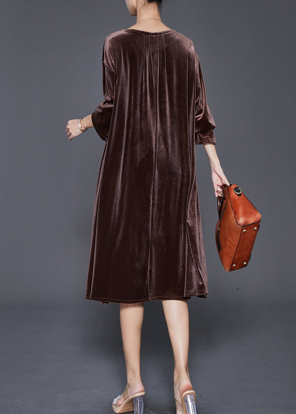 Chocolate Silk Velour Mid Dresses Oversized Pockets Fall