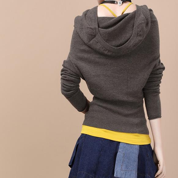 Chocolate hooded woolen sweater top - Omychic