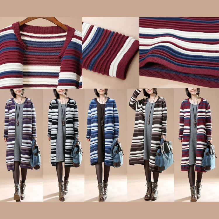 Chocolate striped women long sweaters oversized knit cardigans - Omychic