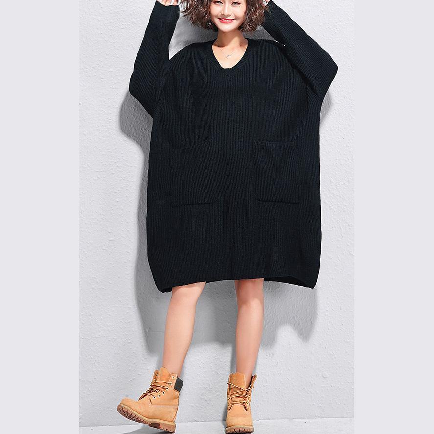 Christmas big pockets Sweater dresses DIY black v neck Art knitwear autumn - Omychic