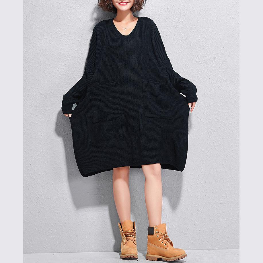 Christmas big pockets Sweater dresses DIY black v neck Art knitwear autumn - Omychic