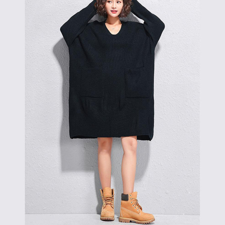 Christmas big pockets Sweater dresses DIY black v neck Art knitwear autumn - Omychic