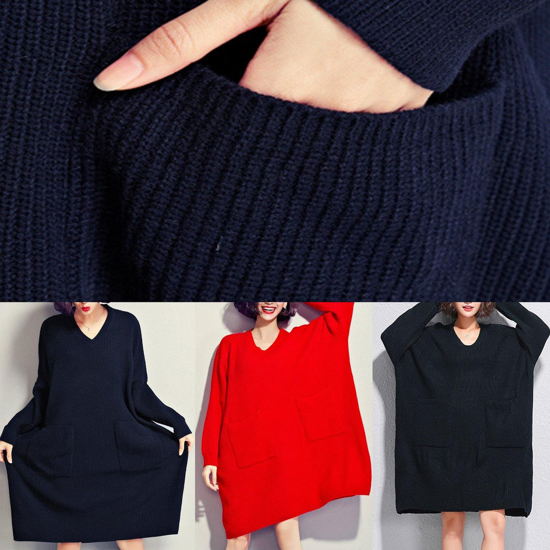 Christmas big pockets Sweater dresses DIY black v neck Art knitwear autumn - Omychic