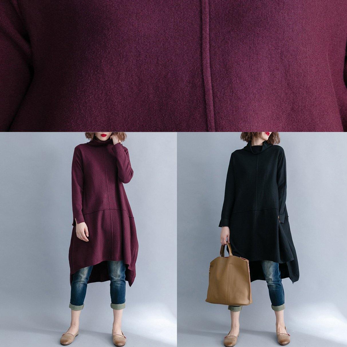 Christmas high neck Sweater dress outfit Beautiful burgundy Big knit top side open - Omychic