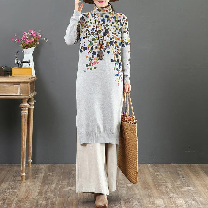 Christmas high neck Sweater winter knit top pattern Beautiful gray prints Big knit dress - Omychic