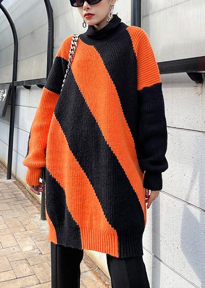 Chunky Black Orange Striped Knit Sweat Tops Plus Size O Neck Knit Tops - Omychic
