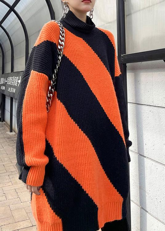 Chunky Black Orange Striped Knit Sweat Tops Plus Size O Neck Knit Tops - Omychic