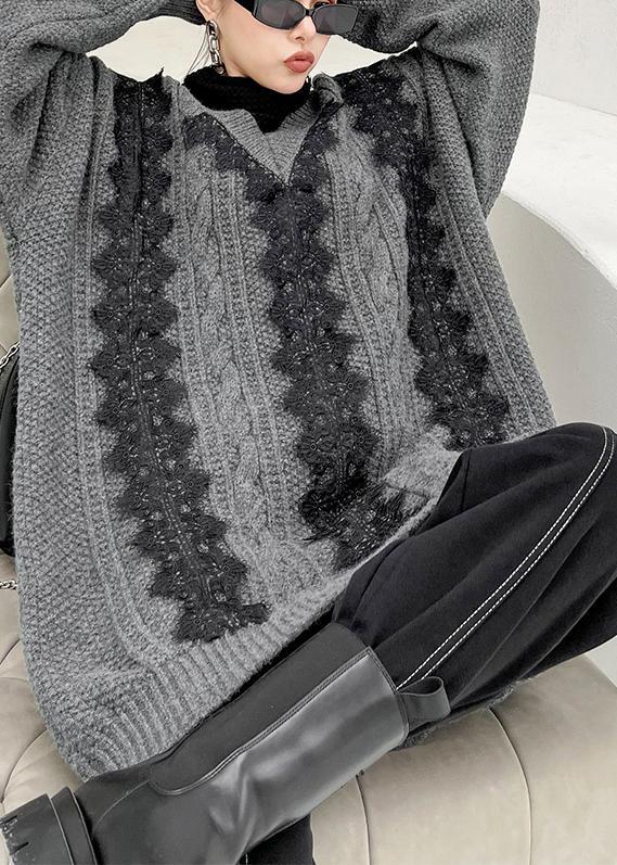 Chunky Gray Knitted Pullover V Neck Lace Casual Knitted Blouse - Omychic