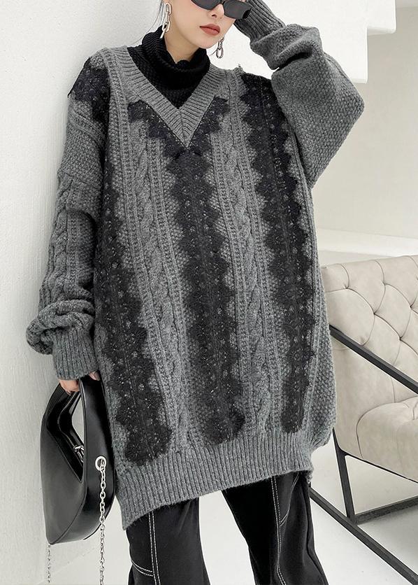 Chunky Gray Knitted Pullover V Neck Lace Casual Knitted Blouse - Omychic