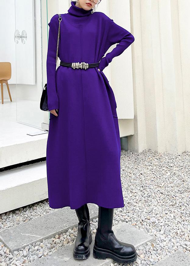 Chunky High Neck Sweater Spring Outfits Refashion Purple Big Knit Dresses - Omychic