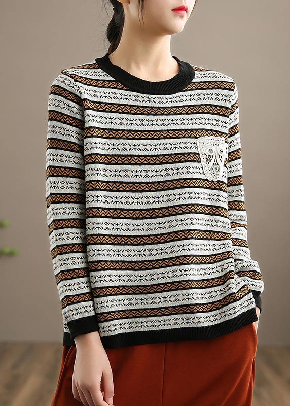 Chunky Spring Black Striped Knit Sweat Tops Loose fitting O Neck Knitted Pullover - Omychic