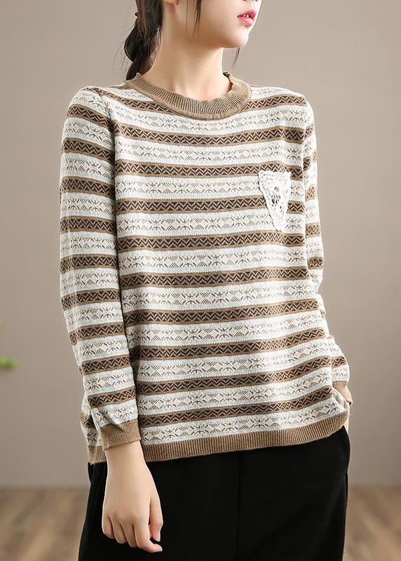 Chunky Spring Black Striped Knit Sweat Tops Loose fitting O Neck Knitted Pullover - Omychic