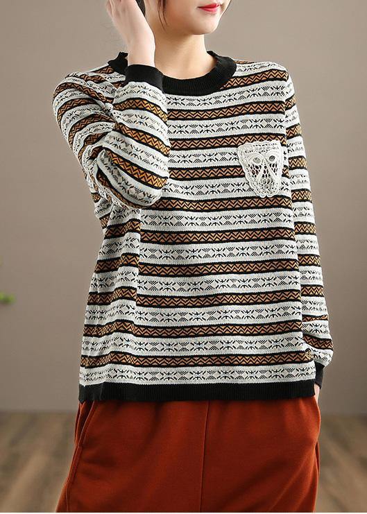 Chunky Spring Black Striped Knit Sweat Tops Loose fitting O Neck Knitted Pullover - Omychic