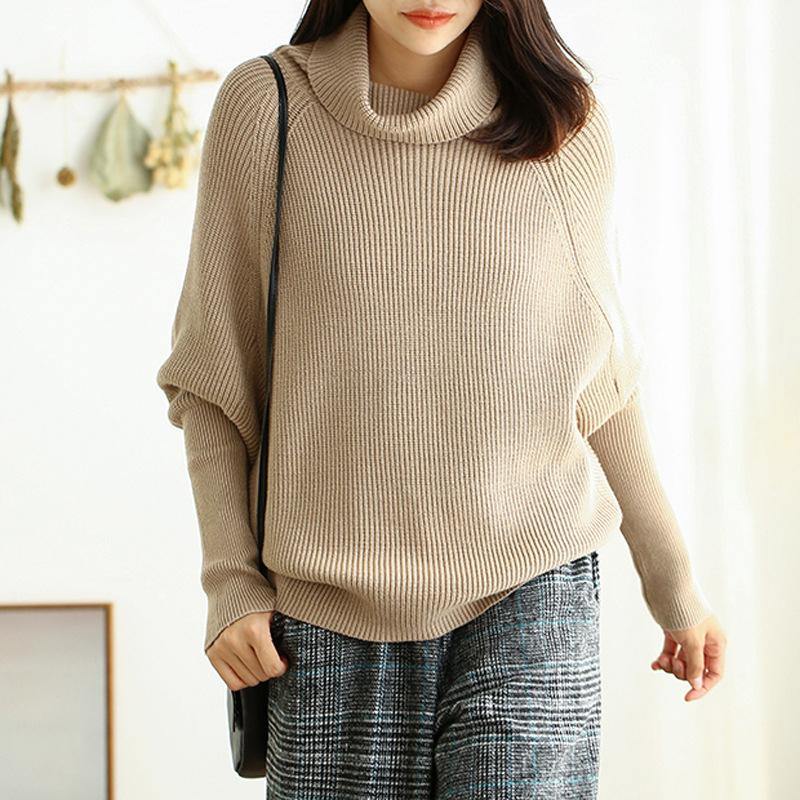 Chunky beige sweaters plus size clothing high neck Batwing Sleeve knit tops - Omychic
