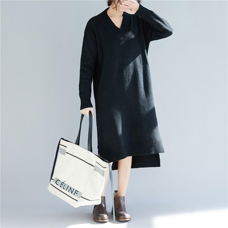 Chunky black Sweater dresses Beautiful daily v neck knitted dress - Omychic