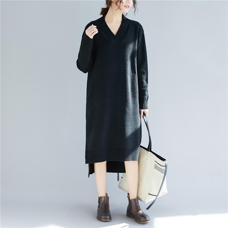 Chunky black Sweater dresses Beautiful daily v neck knitted dress - Omychic