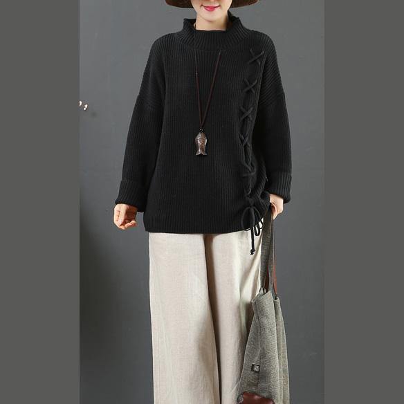 Chunky black knit blouse drawstring plus size clothing half high neck knit sweat tops - Omychic
