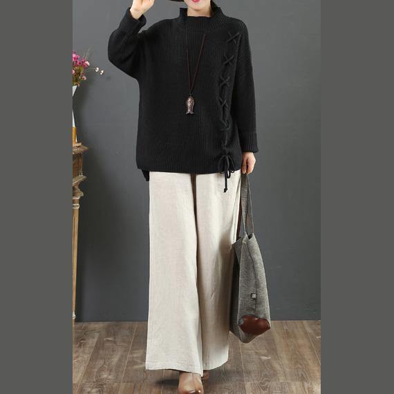 Chunky black knit blouse drawstring plus size clothing half high neck knit sweat tops - Omychic