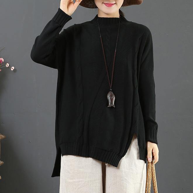 Chunky black knitted t shirt asymmetric hem plus size half high neck sweaters - Omychic