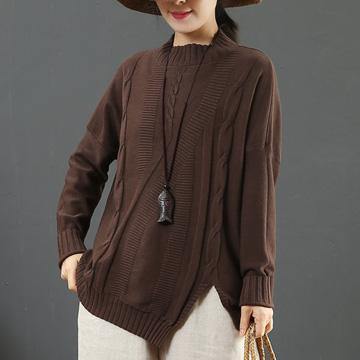 Chunky black knitted t shirt asymmetric hem plus size half high neck sweaters - Omychic