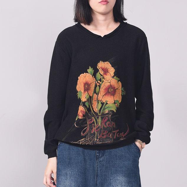 Chunky black v neck knitted top plus size prints sweaters fall - Omychic