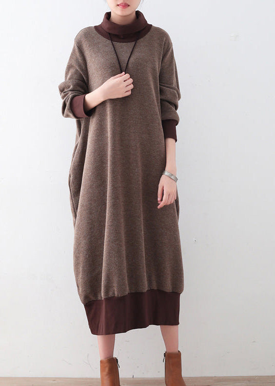 Chunky brown sweater dresses Loose fitting pullover boutique high neck winter dress patchwork