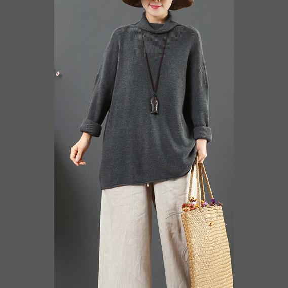 Chunky dark gray knitted pullover loose oversize high neck knitted blouse - Omychic