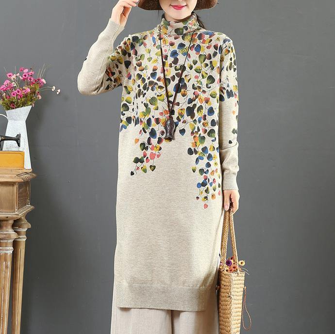 Chunky high neck Sweater side open dresses DIY nude prints daily knit dresses - Omychic