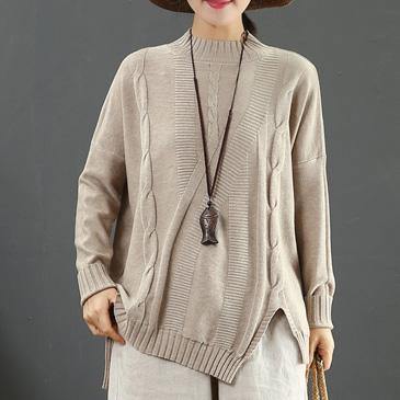 Chunky khaki crane tops side open Loose fitting half high neck sweaters - Omychic