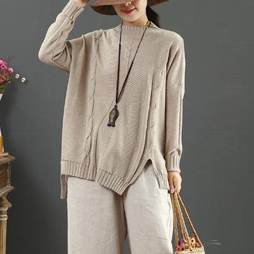 Chunky khaki crane tops side open Loose fitting half high neck sweaters - Omychic