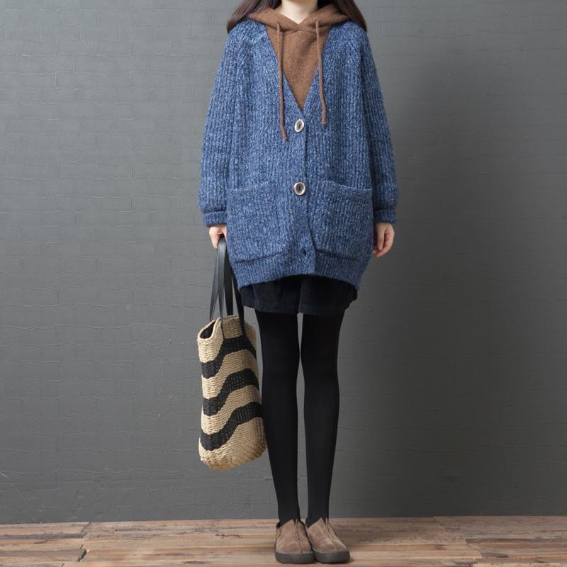 Chunky knit outwear trendy plus size blue v neck pockets sweater coat - Omychic