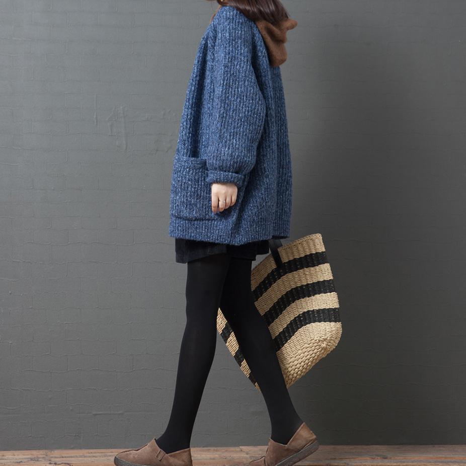 Chunky knit outwear trendy plus size blue v neck pockets sweater coat - Omychic