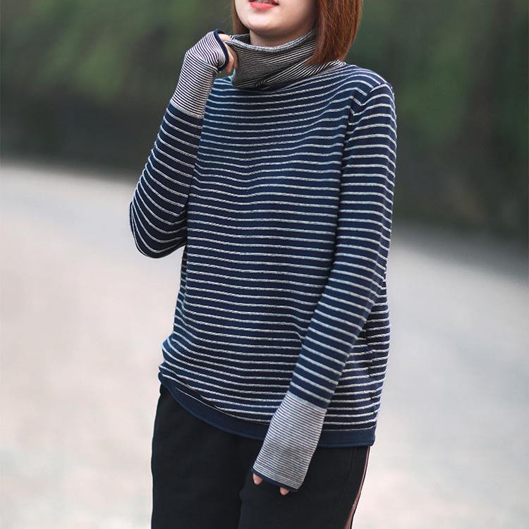 Chunky navy striped Blouse fall fashion sweaters high neck baggy tops - Omychic