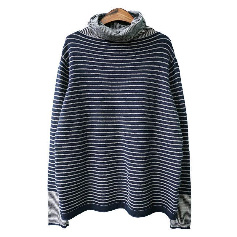 Chunky navy striped Blouse fall fashion sweaters high neck baggy tops - Omychic