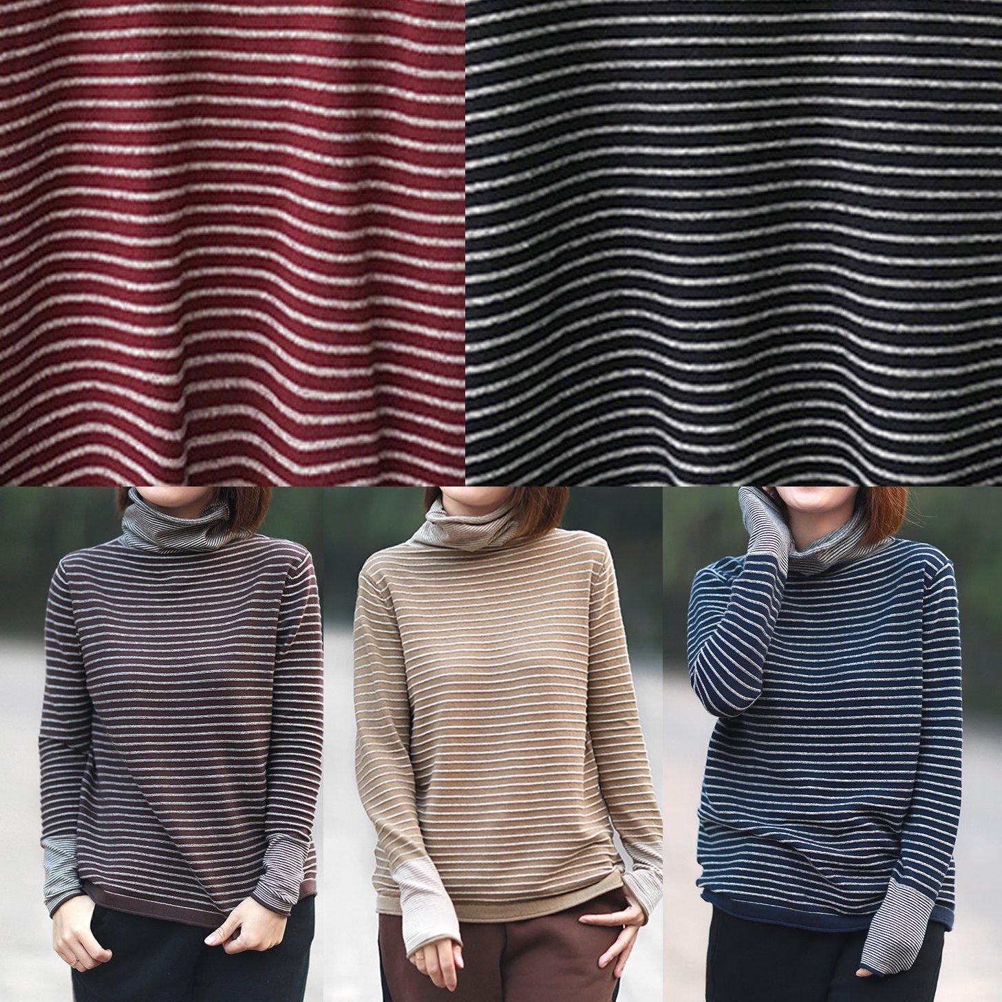 Chunky navy striped Blouse fall fashion sweaters high neck baggy tops - Omychic
