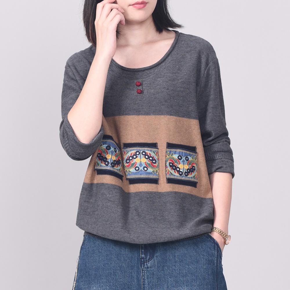 Chunky patchwork knitted t shirt plus size autumn knitwear dark gray - Omychic