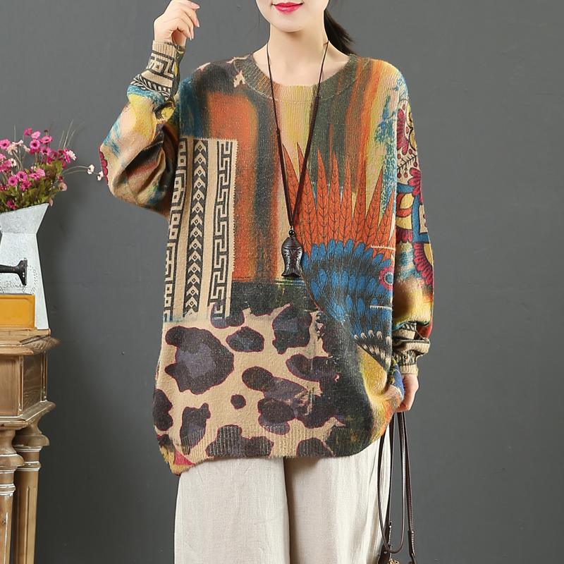 Chunky prints three knitted t shirt wild Loose fitting o neck knit tops - Omychic