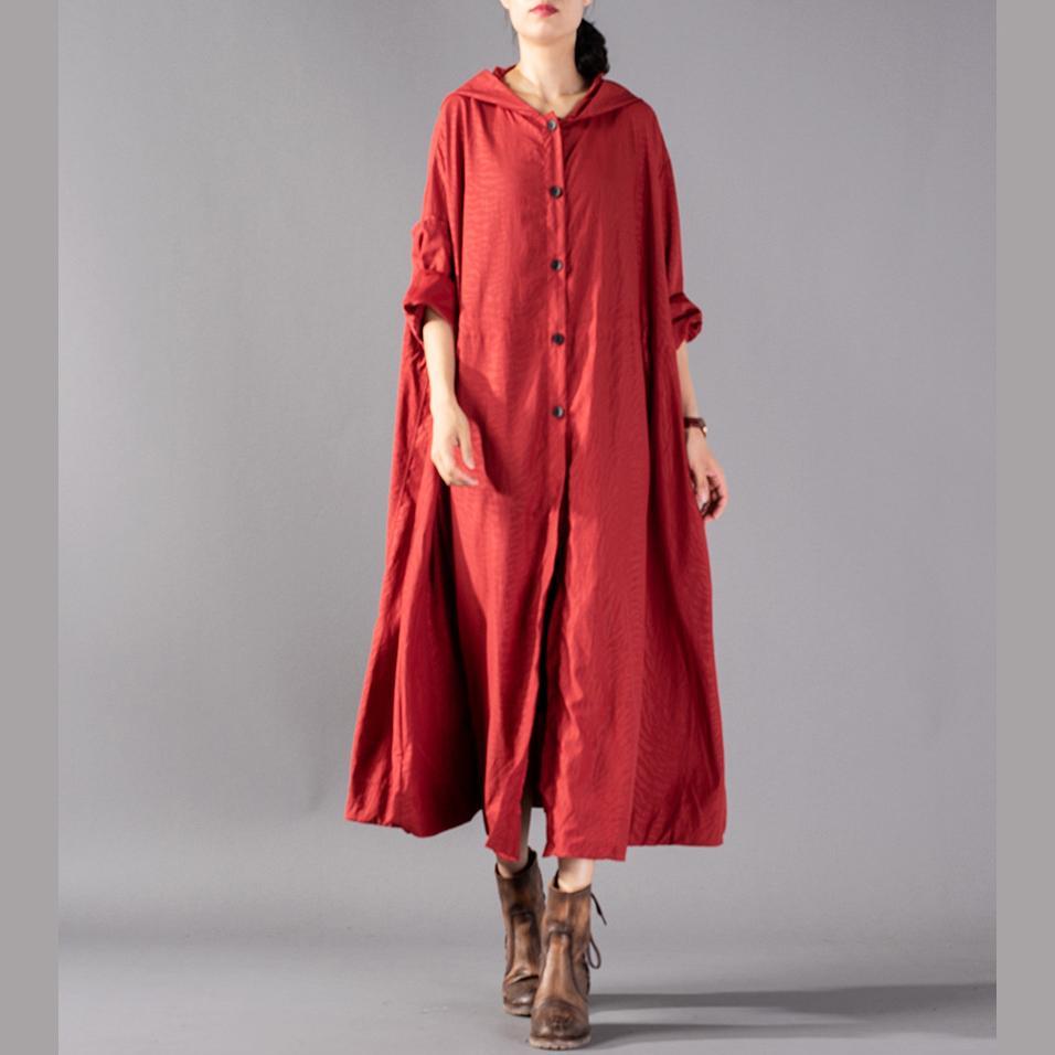 Chunky red blended cardigans oversized hooded large hem coat - Omychic