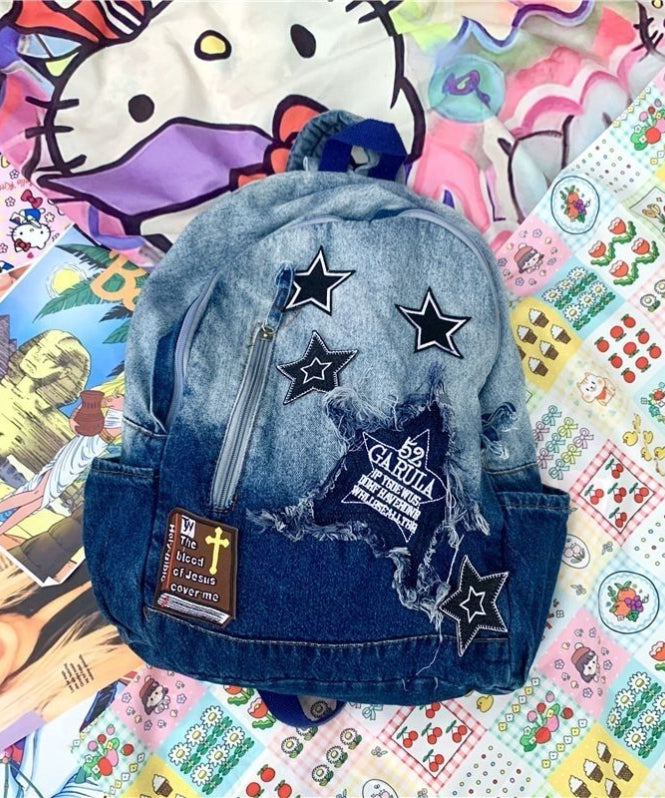 Classic Gradient Blue Denim Patch Large Capacity Backpack Bag