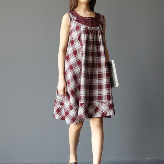 Classic plaid summer linen dresses oversize cotton sleeveless dress ruby - Omychic