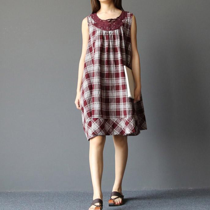 Classic plaid summer linen dresses oversize cotton sleeveless dress ruby - Omychic