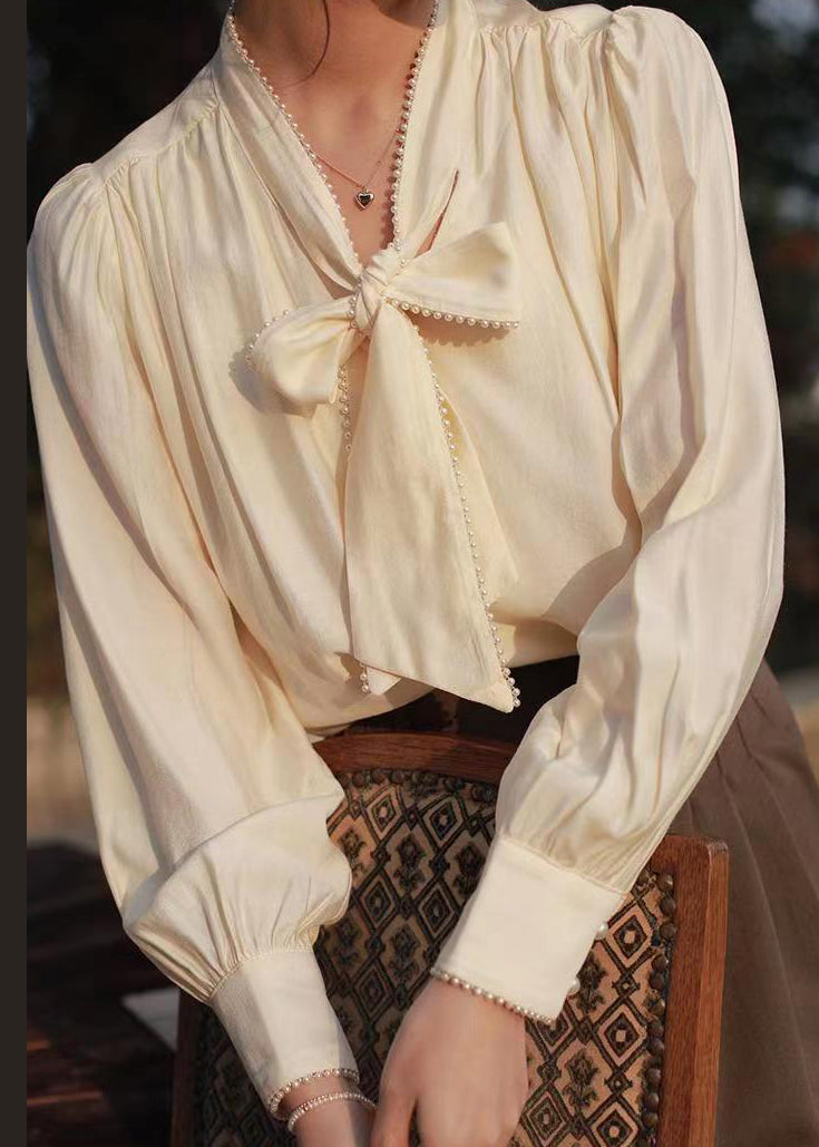 Classy Apricot Lace Up Pearl Patchwork Cotton Blouses Fall